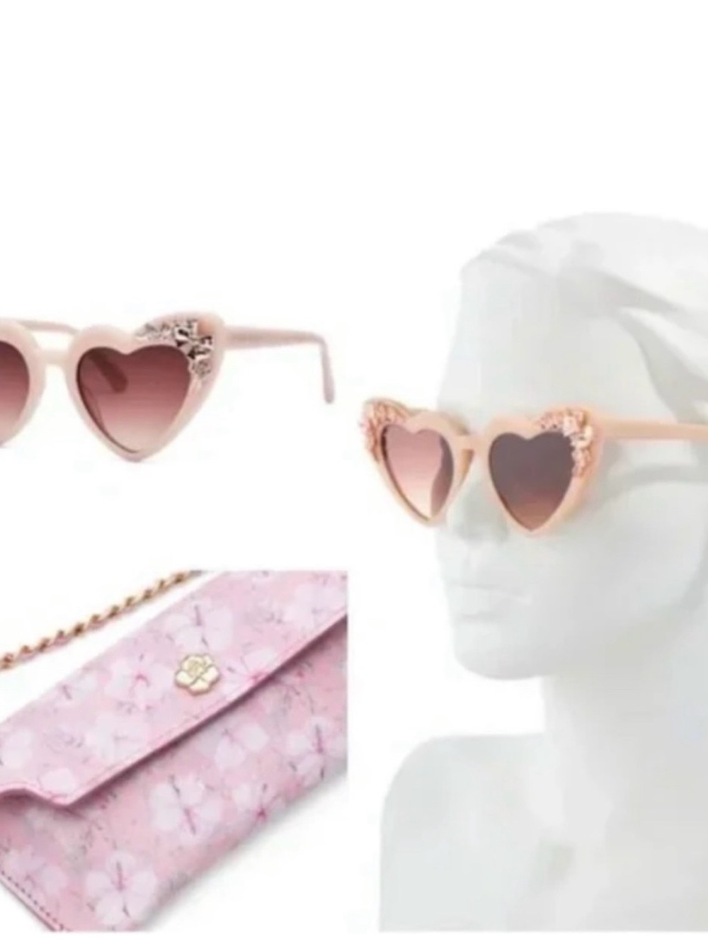 LoveShackFancy pink peach heart sunglasses with rose-gold floral embellishment
